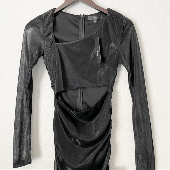 NWT LULU’S Black Metallic Cutout Long Sleeve Ruched Mini Dress X-Small - Picture 3 of 8
